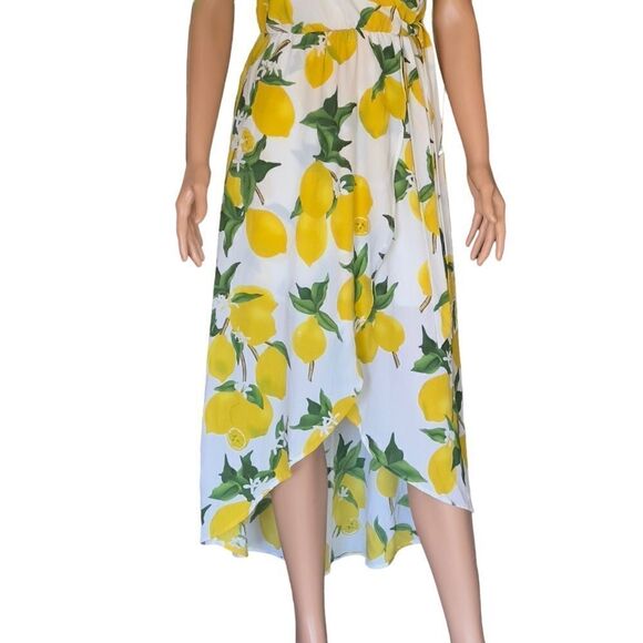 Dream of me Lemon Print Faux Wrap High Low Dress SMALL - Picture 10 of 15